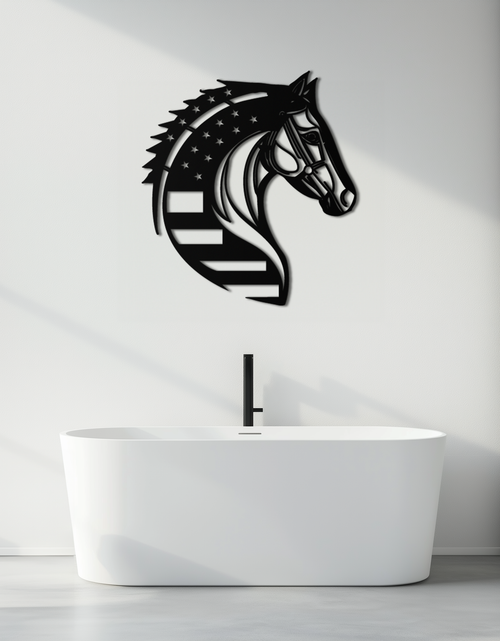 Load image into Gallery viewer, American Flag Horse Head Metal Wall Art – Patriotic Black Steel Equine Decor for Home, Barn and Ranch Interiors- KAF445