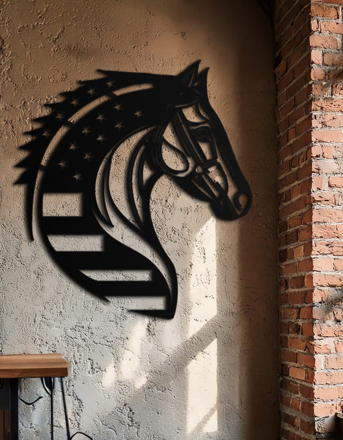 Load image into Gallery viewer, American Flag Horse Head Metal Wall Art – Patriotic Black Steel Equine Decor for Home, Barn and Ranch Interiors- KAF445