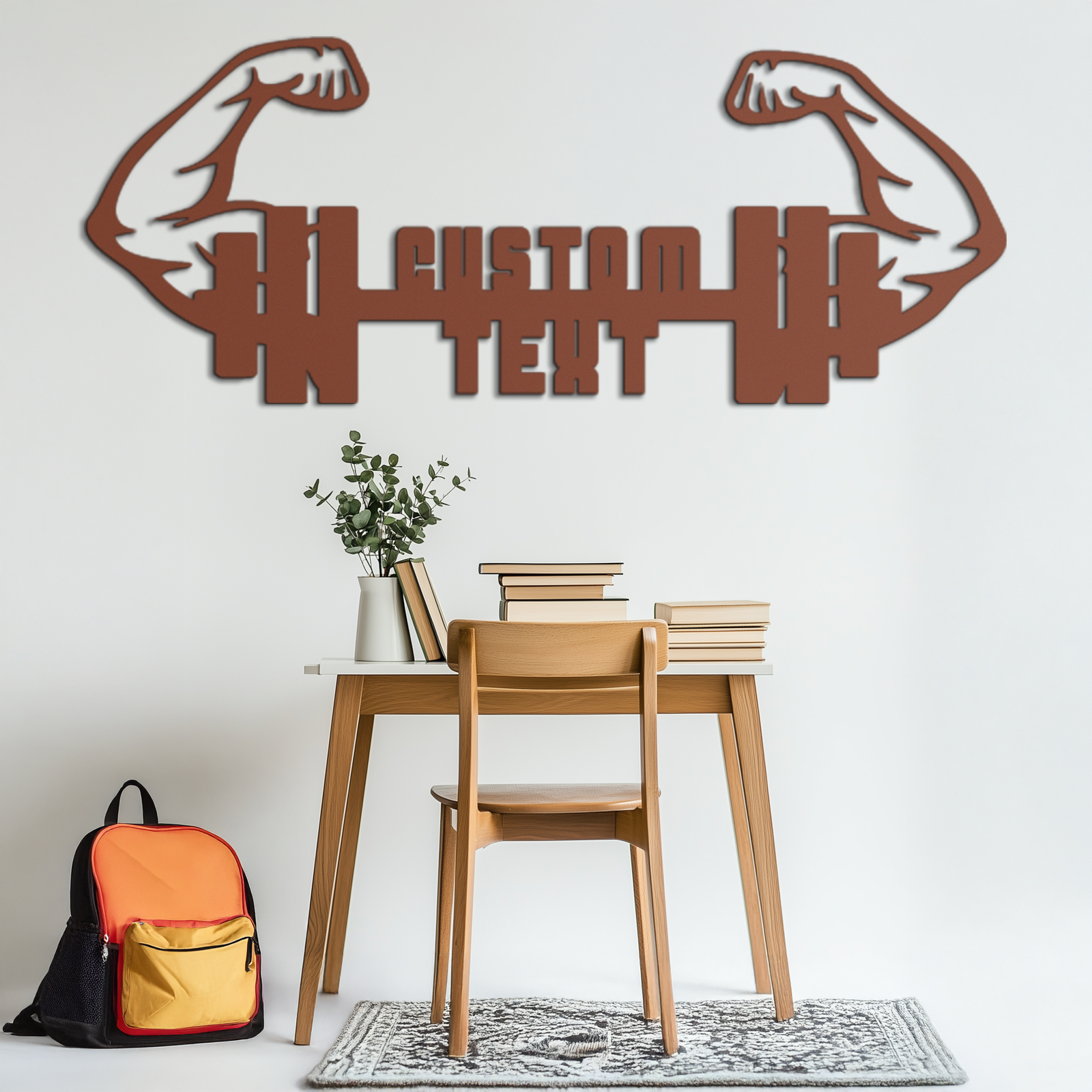 Personalized Fitness Barbell Metal Wall Art – Custom Text Muscular Arms Black Steel Decor for Gym and Workout Spaces- KAF448