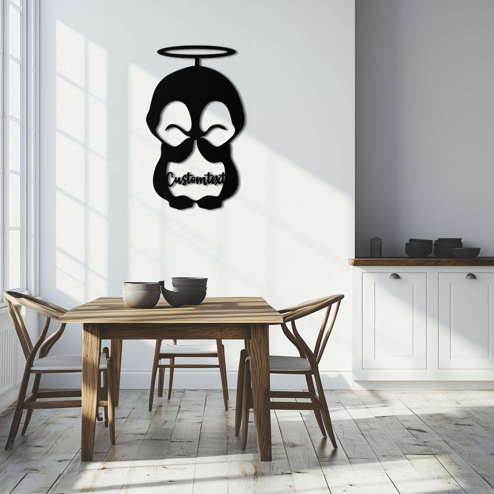 Personalized Cute Angel Penguin Metal Wall Art – Custom Text Adorable Black Steel Decor for Kids Rooms and Nurseries- KAF449
