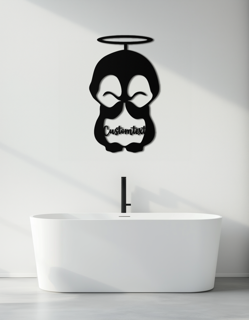 Load image into Gallery viewer, Personalized Cute Angel Penguin Metal Wall Art – Custom Text Adorable Black Steel Decor for Kids Rooms and Nurseries- KAF449