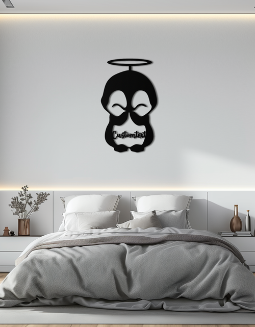 Load image into Gallery viewer, Personalized Cute Angel Penguin Metal Wall Art – Custom Text Adorable Black Steel Decor for Kids Rooms and Nurseries- KAF449