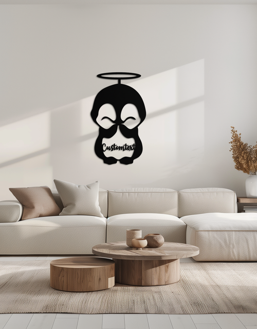 Load image into Gallery viewer, Personalized Cute Angel Penguin Metal Wall Art – Custom Text Adorable Black Steel Decor for Kids Rooms and Nurseries- KAF449