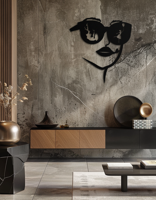 Load image into Gallery viewer, Modern Woman Face with Sunglasses Metal Wall Art – Abstract Reflective Scene Black Steel Decor for Contemporary Interiors- KAF460