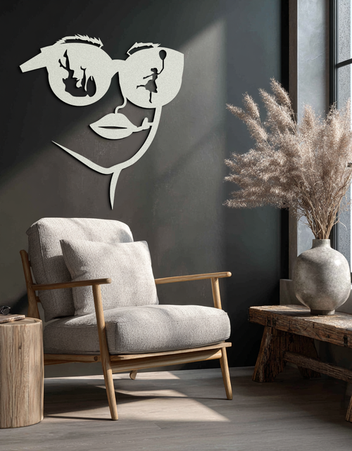 Load image into Gallery viewer, Modern Woman Face with Sunglasses Metal Wall Art – Abstract Reflective Scene Black Steel Decor for Contemporary Interiors- KAF460