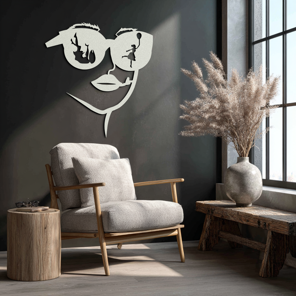 Modern Woman Face with Sunglasses Metal Wall Art – Abstract Reflective Scene Black Steel Decor for Contemporary Interiors- KAF460