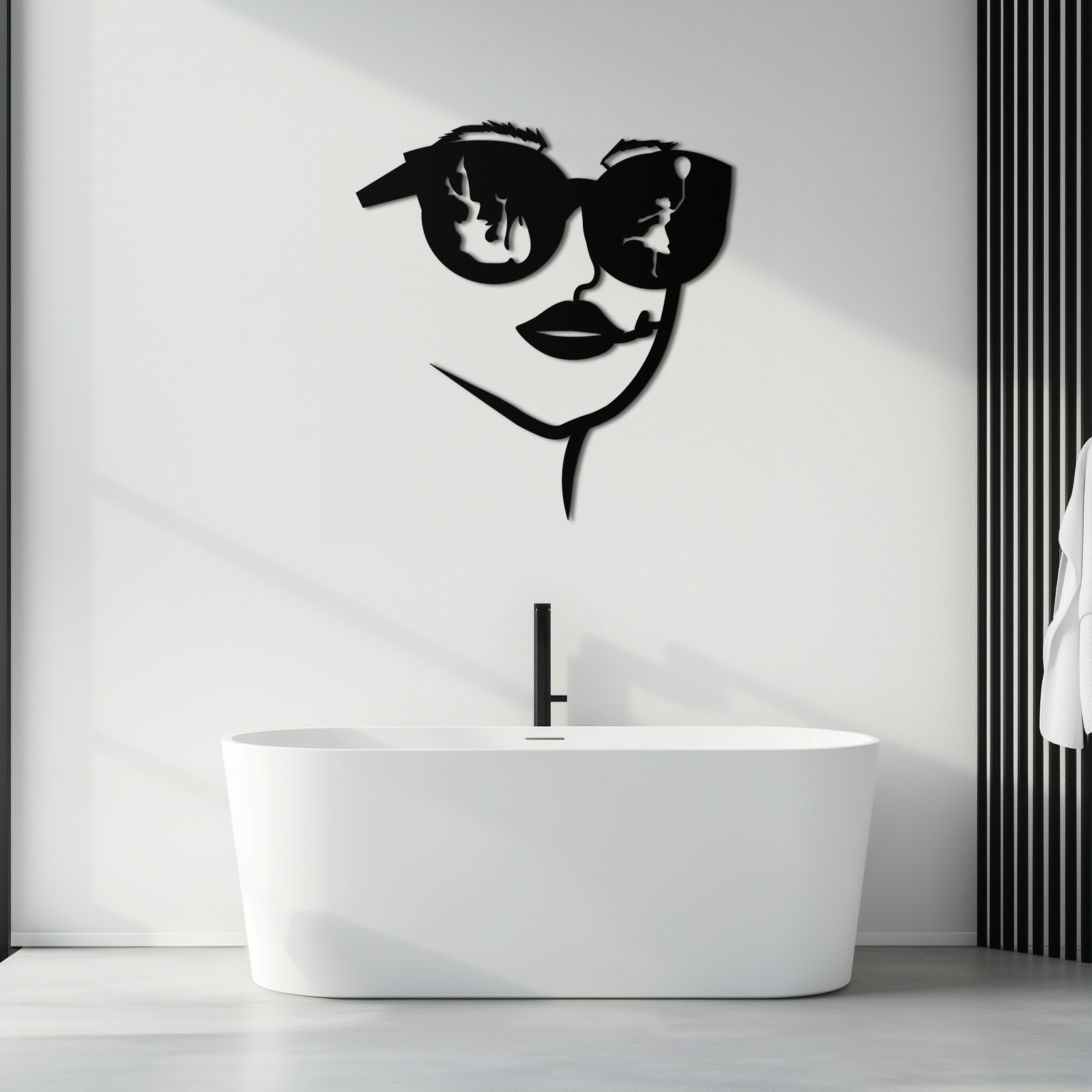 Modern Woman Face with Sunglasses Metal Wall Art – Abstract Reflective Scene Black Steel Decor for Contemporary Interiors- KAF460