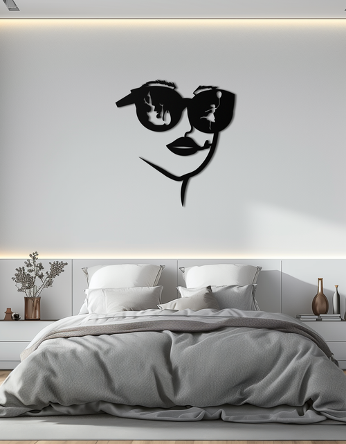 Load image into Gallery viewer, Modern Woman Face with Sunglasses Metal Wall Art – Abstract Reflective Scene Black Steel Decor for Contemporary Interiors- KAF460