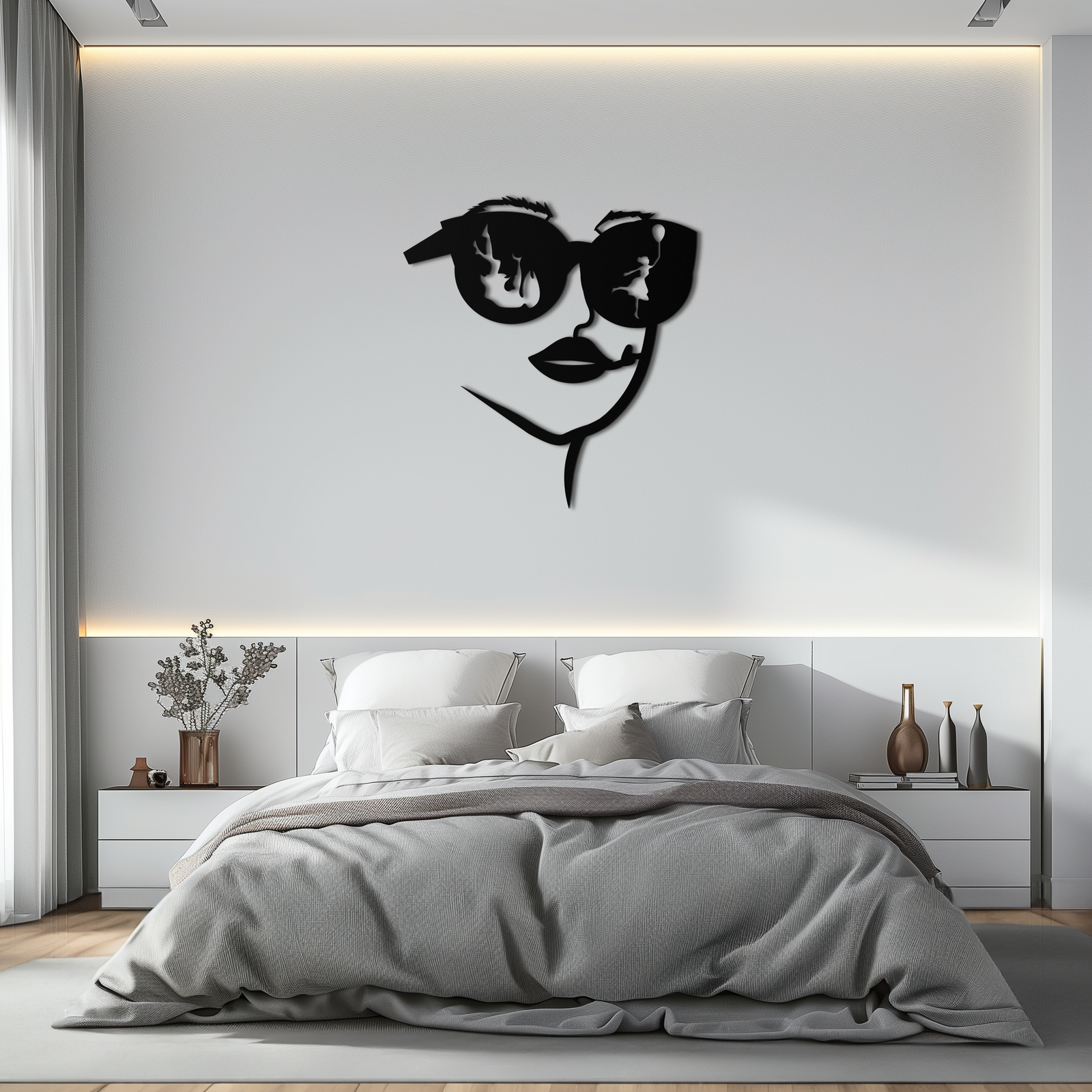Modern Woman Face with Sunglasses Metal Wall Art – Abstract Reflective Scene Black Steel Decor for Contemporary Interiors- KAF460