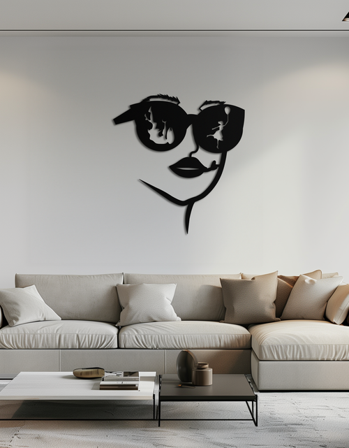 Load image into Gallery viewer, Modern Woman Face with Sunglasses Metal Wall Art – Abstract Reflective Scene Black Steel Decor for Contemporary Interiors- KAF460