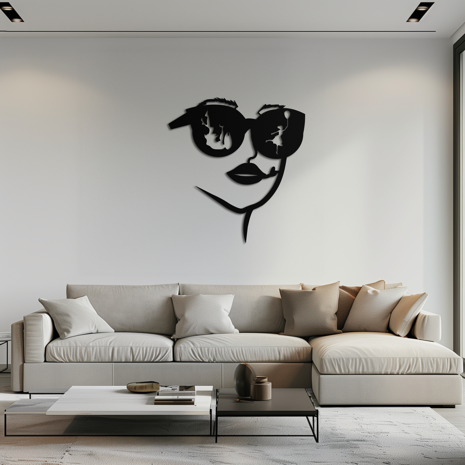 Modern Woman Face with Sunglasses Metal Wall Art – Abstract Reflective Scene Black Steel Decor for Contemporary Interiors- KAF460