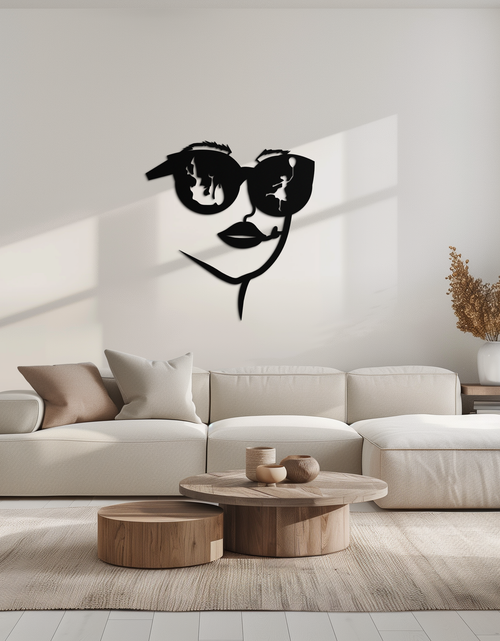 Load image into Gallery viewer, Modern Woman Face with Sunglasses Metal Wall Art – Abstract Reflective Scene Black Steel Decor for Contemporary Interiors- KAF460