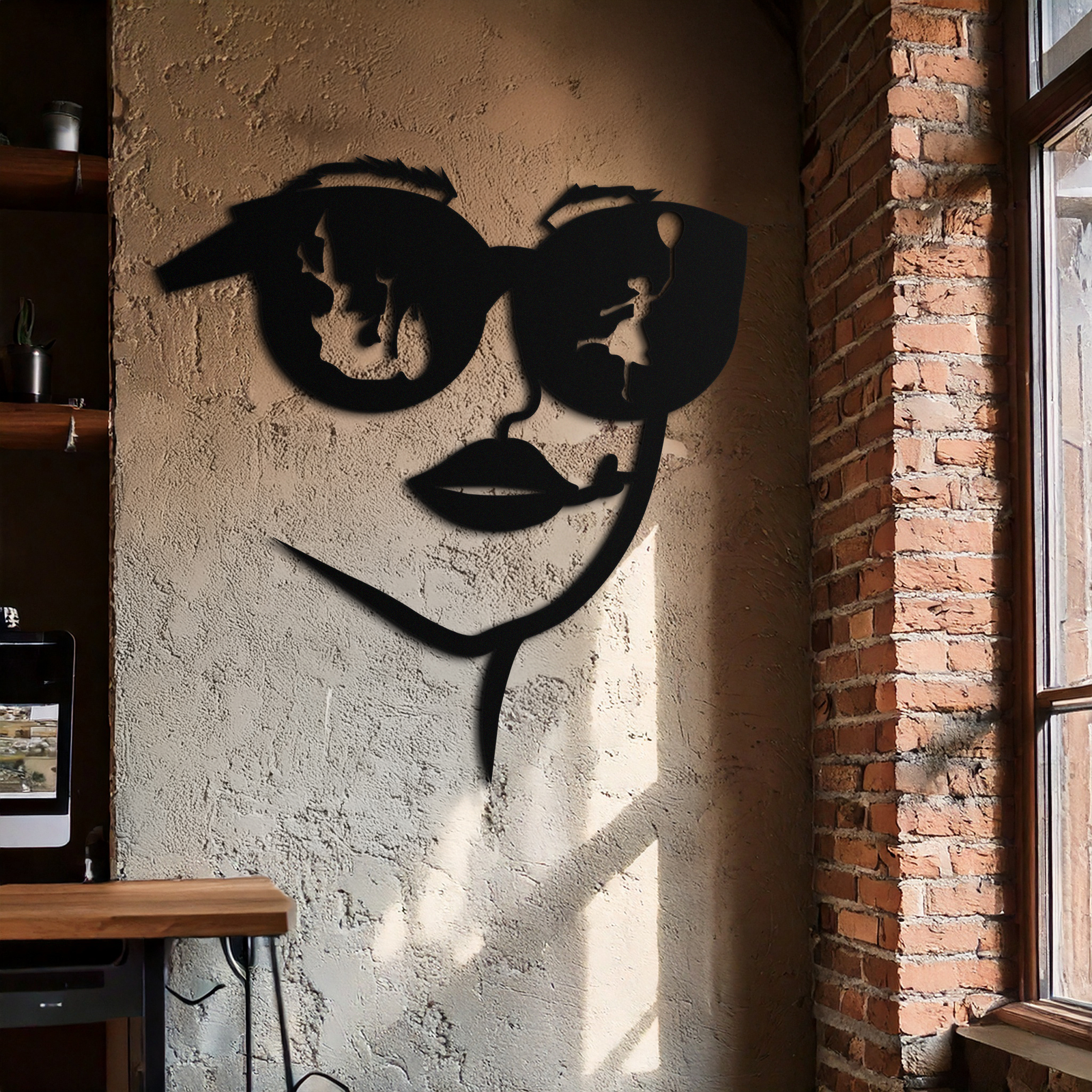 Modern Woman Face with Sunglasses Metal Wall Art – Abstract Reflective Scene Black Steel Decor for Contemporary Interiors- KAF460