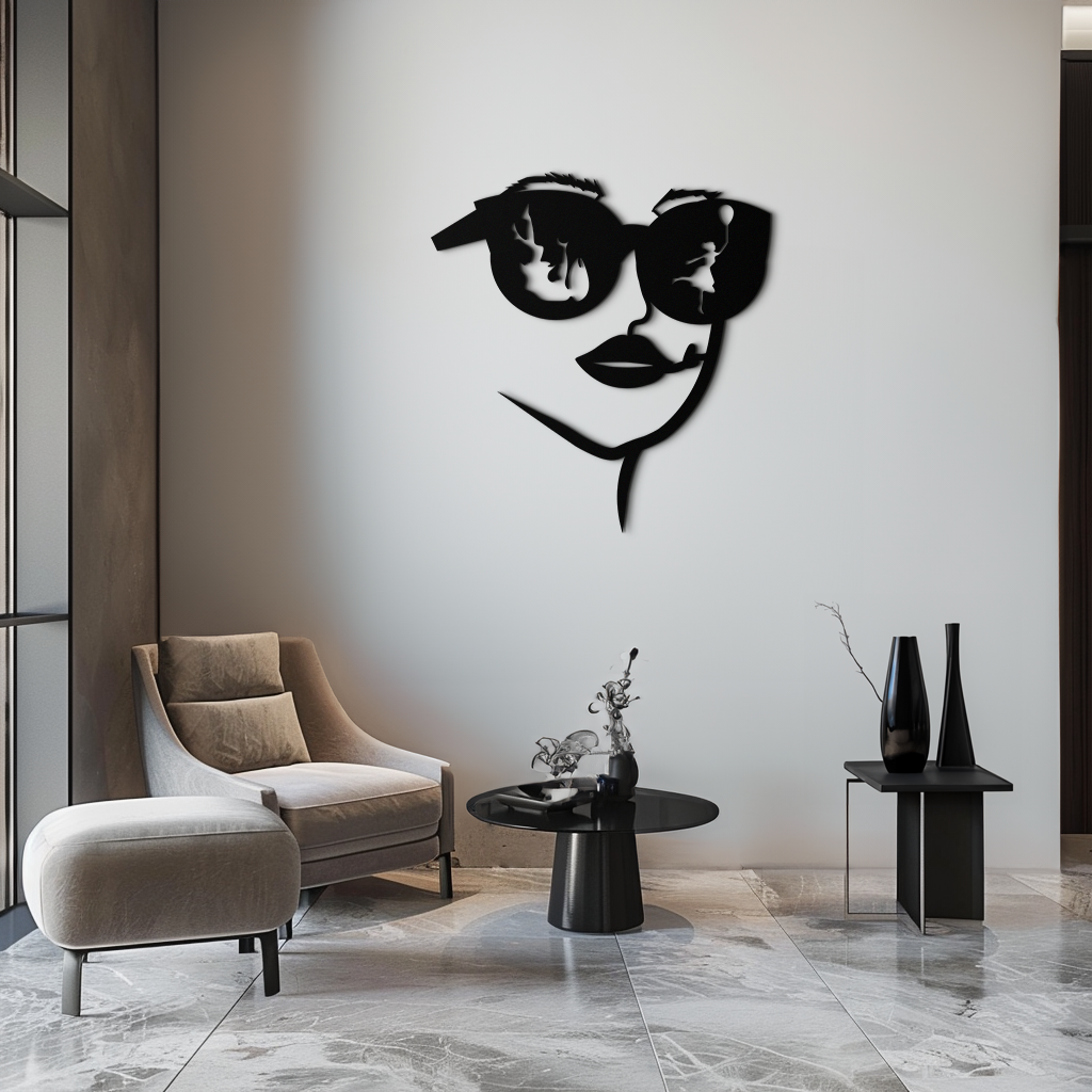 Modern Woman Face with Sunglasses Metal Wall Art – Abstract Reflective Scene Black Steel Decor for Contemporary Interiors- KAF460