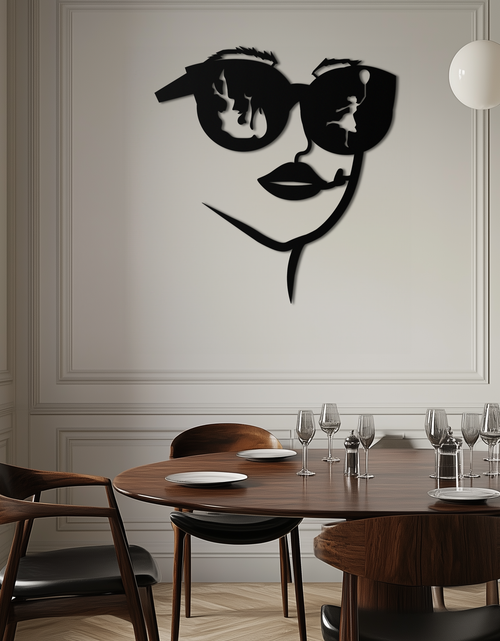 Load image into Gallery viewer, Modern Woman Face with Sunglasses Metal Wall Art – Abstract Reflective Scene Black Steel Decor for Contemporary Interiors- KAF460
