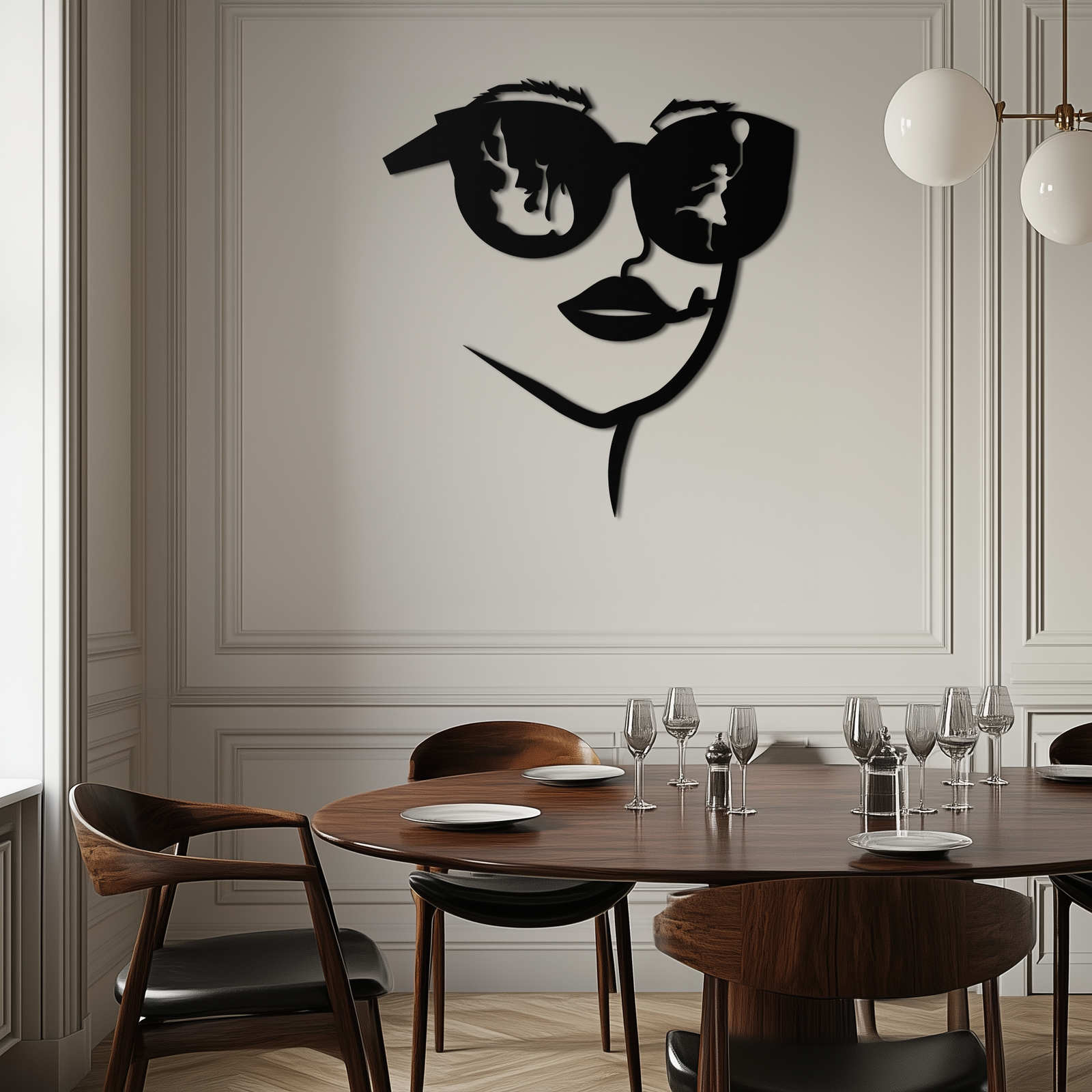 Modern Woman Face with Sunglasses Metal Wall Art – Abstract Reflective Scene Black Steel Decor for Contemporary Interiors- KAF460