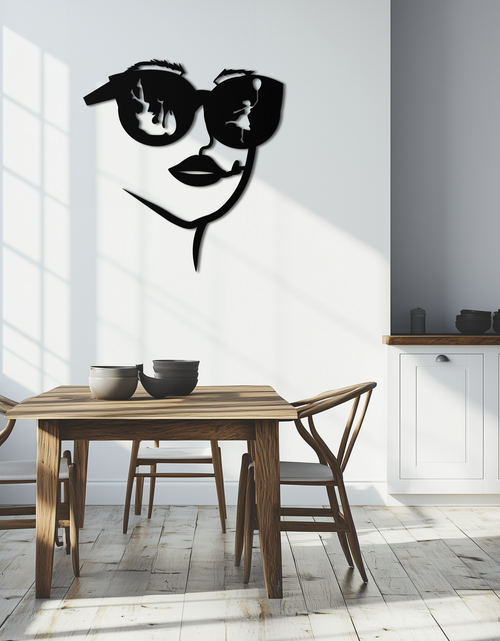 Load image into Gallery viewer, Modern Woman Face with Sunglasses Metal Wall Art – Abstract Reflective Scene Black Steel Decor for Contemporary Interiors- KAF460