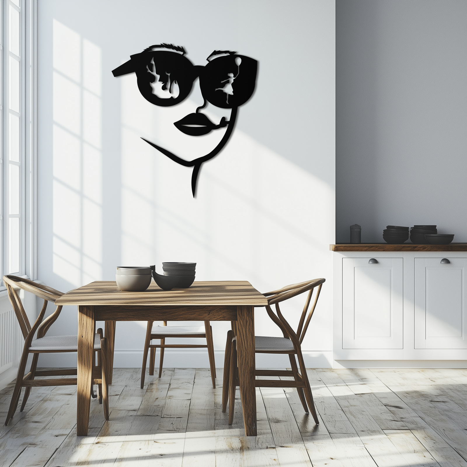 Modern Woman Face with Sunglasses Metal Wall Art – Abstract Reflective Scene Black Steel Decor for Contemporary Interiors- KAF460
