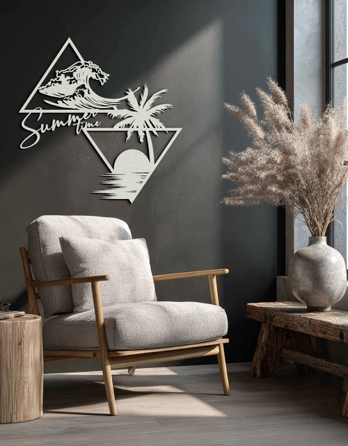 Load image into Gallery viewer, Summer Time Beach Scene Metal Wall Art – Tropical Ocean Waves and Palm Tree Black Steel Decor for Coastal Interiors- KAF461