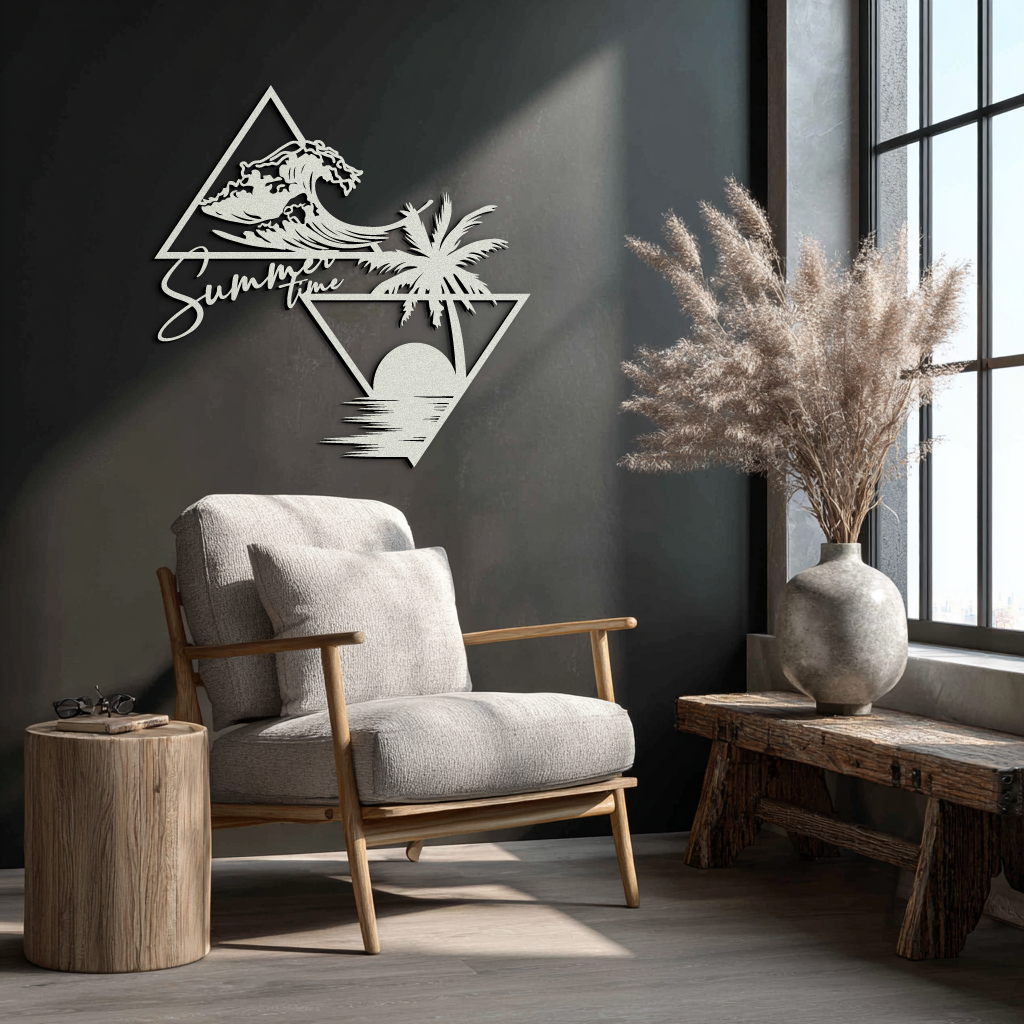 Summer Time Beach Scene Metal Wall Art – Tropical Ocean Waves and Palm Tree Black Steel Decor for Coastal Interiors- KAF461
