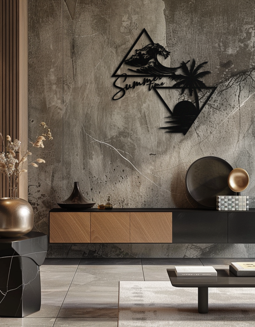 Load image into Gallery viewer, Summer Time Beach Scene Metal Wall Art – Tropical Ocean Waves and Palm Tree Black Steel Decor for Coastal Interiors- KAF461