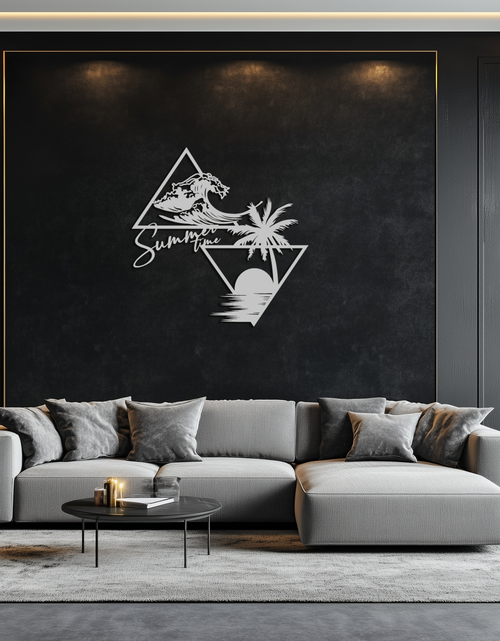 Load image into Gallery viewer, Summer Time Beach Scene Metal Wall Art – Tropical Ocean Waves and Palm Tree Black Steel Decor for Coastal Interiors- KAF461