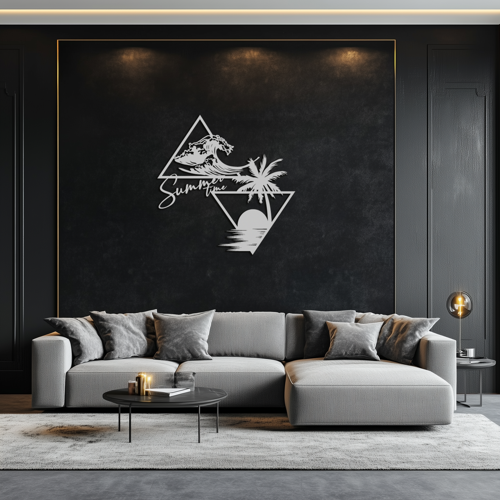 Summer Time Beach Scene Metal Wall Art – Tropical Ocean Waves and Palm Tree Black Steel Decor for Coastal Interiors- KAF461