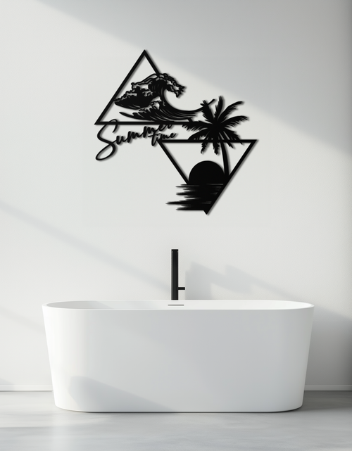 Load image into Gallery viewer, Summer Time Beach Scene Metal Wall Art – Tropical Ocean Waves and Palm Tree Black Steel Decor for Coastal Interiors- KAF461