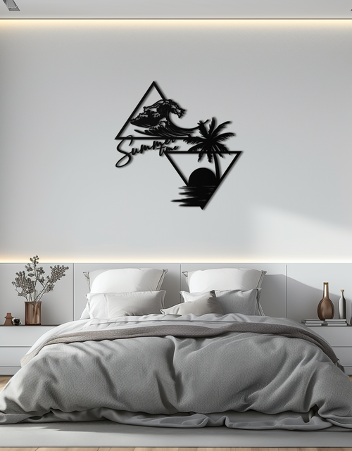 Load image into Gallery viewer, Summer Time Beach Scene Metal Wall Art – Tropical Ocean Waves and Palm Tree Black Steel Decor for Coastal Interiors- KAF461