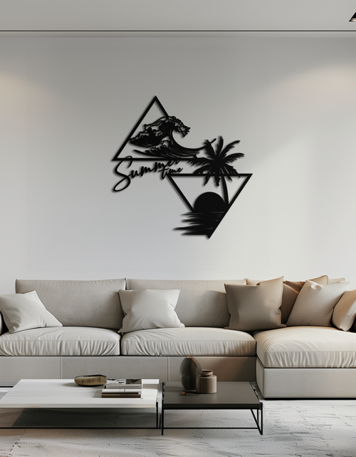 Load image into Gallery viewer, Summer Time Beach Scene Metal Wall Art – Tropical Ocean Waves and Palm Tree Black Steel Decor for Coastal Interiors- KAF461