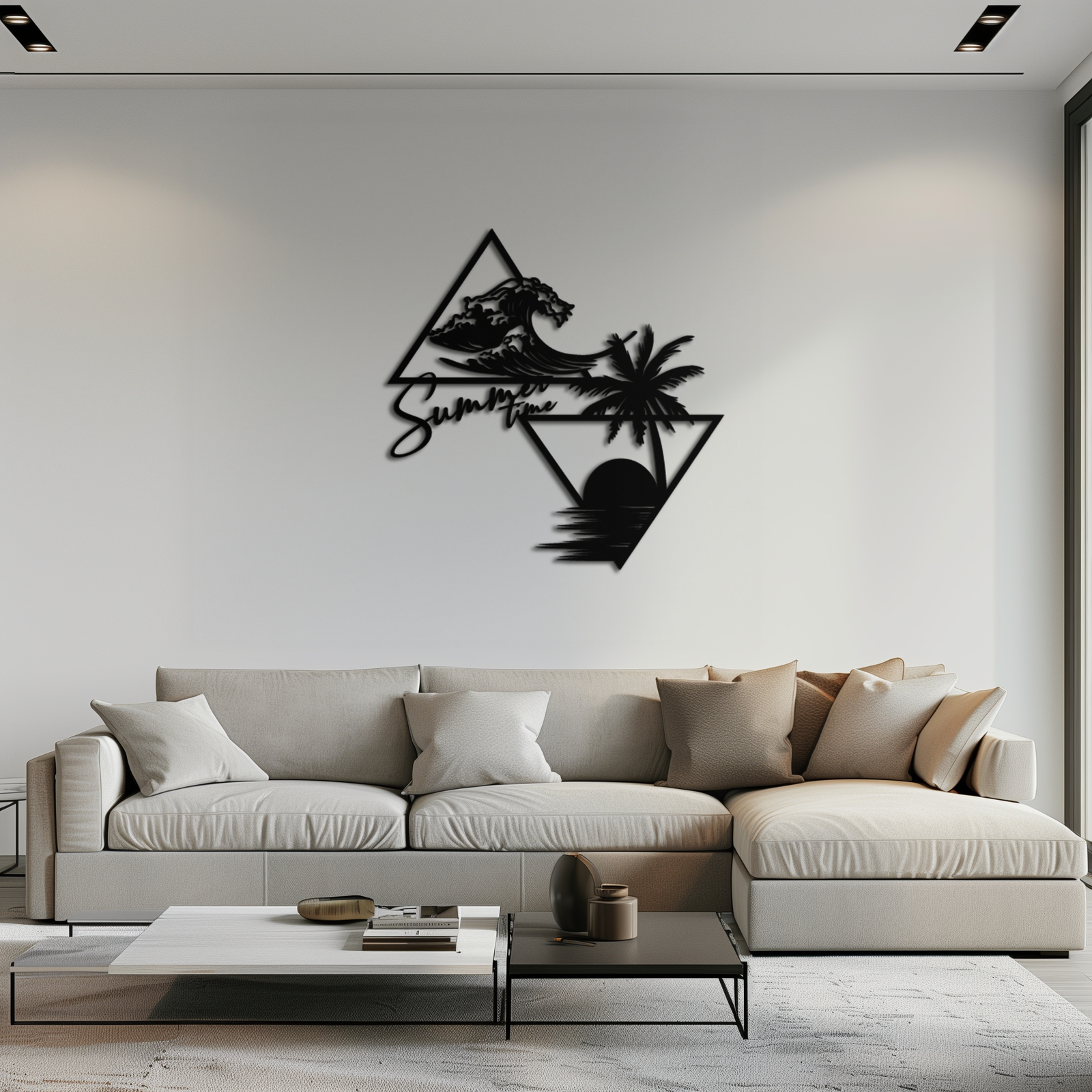 Summer Time Beach Scene Metal Wall Art – Tropical Ocean Waves and Palm Tree Black Steel Decor for Coastal Interiors- KAF461