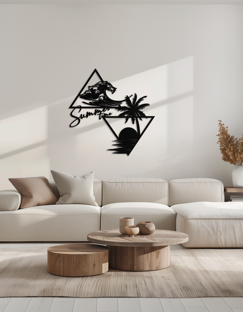 Load image into Gallery viewer, Summer Time Beach Scene Metal Wall Art – Tropical Ocean Waves and Palm Tree Black Steel Decor for Coastal Interiors- KAF461