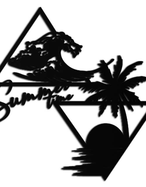 Load image into Gallery viewer, Summer Time Beach Scene Metal Wall Art – Tropical Ocean Waves and Palm Tree Black Steel Decor for Coastal Interiors- KAF461