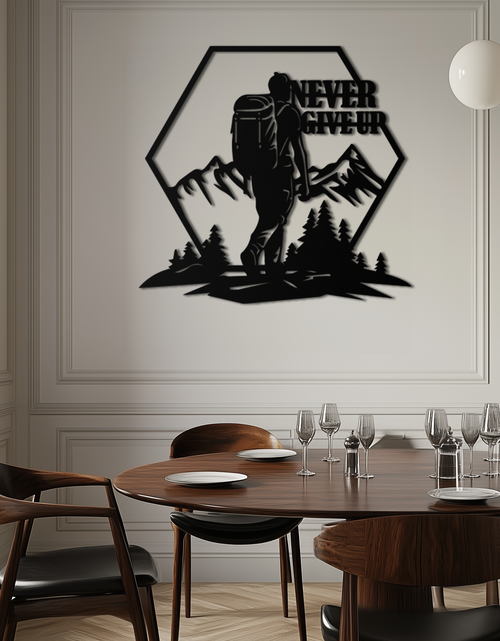 Load image into Gallery viewer, Never Give Up Hiking Metal Wall Art – Motivational Mountain Hiker Black Steel Decor for Adventure Lovers and Outdoor Enthusiasts- KAF463
