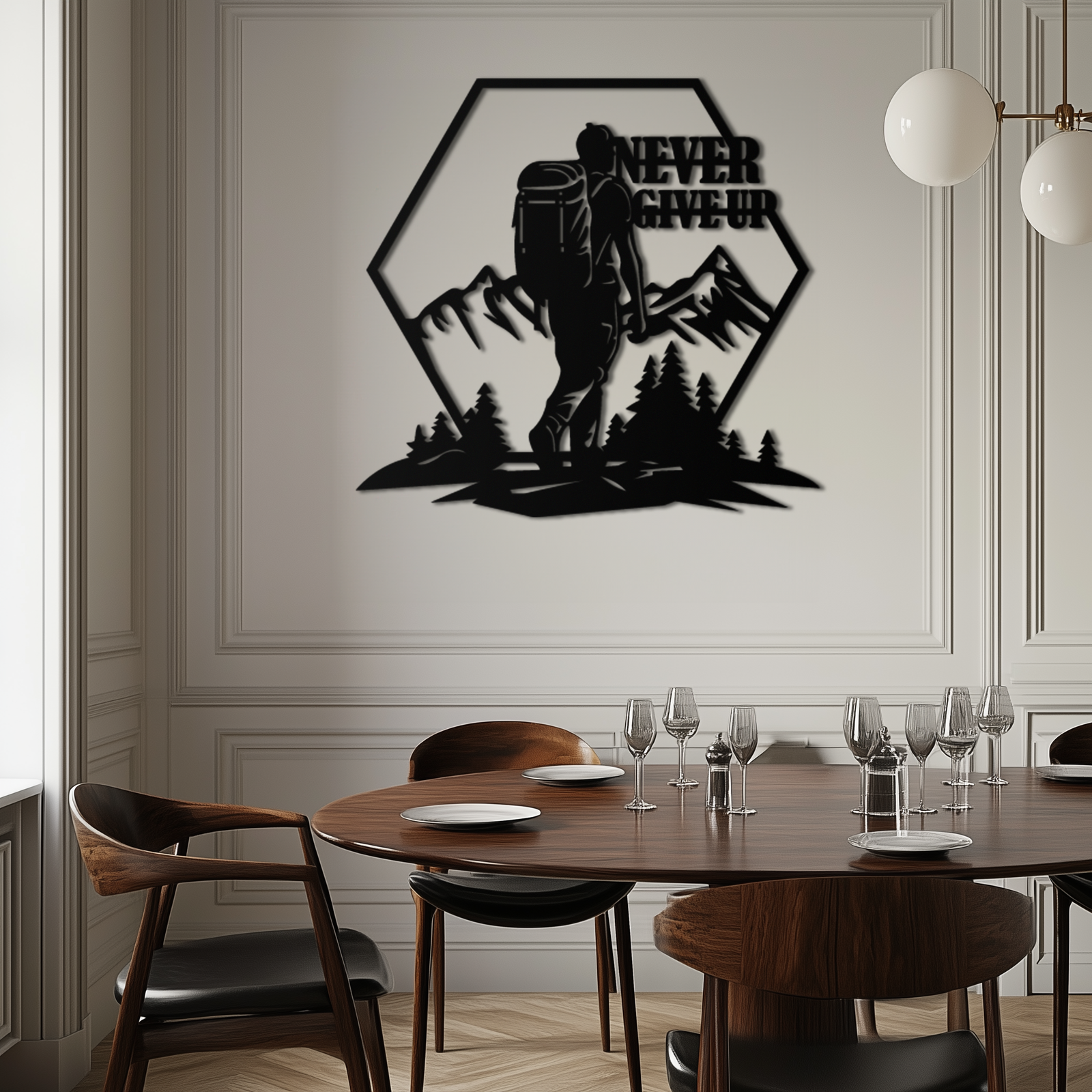 Never Give Up Hiking Metal Wall Art – Motivational Mountain Hiker Black Steel Decor for Adventure Lovers and Outdoor Enthusiasts- KAF463