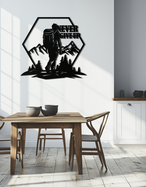Load image into Gallery viewer, Never Give Up Hiking Metal Wall Art – Motivational Mountain Hiker Black Steel Decor for Adventure Lovers and Outdoor Enthusiasts- KAF463