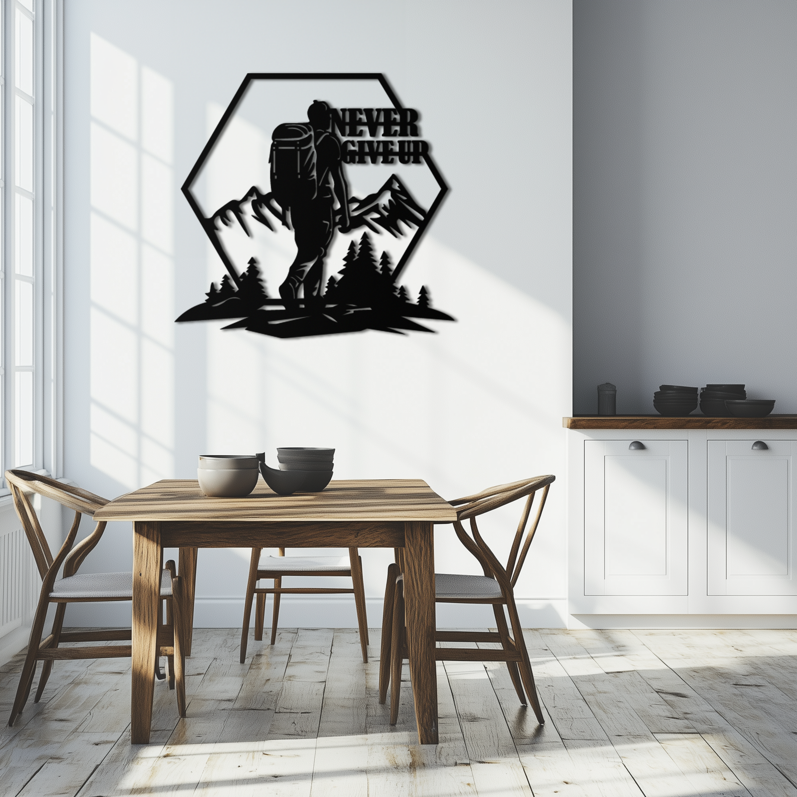 Never Give Up Hiking Metal Wall Art – Motivational Mountain Hiker Black Steel Decor for Adventure Lovers and Outdoor Enthusiasts- KAF463