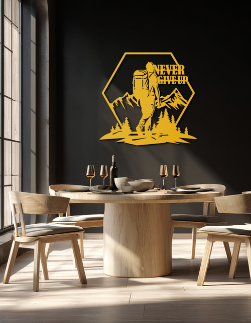 Load image into Gallery viewer, Never Give Up Hiking Metal Wall Art – Motivational Mountain Hiker Black Steel Decor for Adventure Lovers and Outdoor Enthusiasts- KAF463