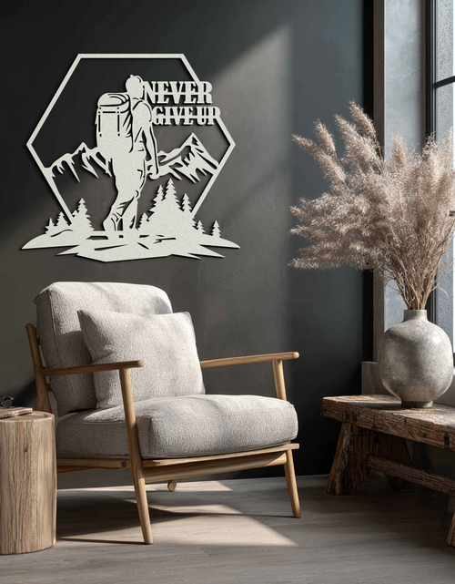 Load image into Gallery viewer, Never Give Up Hiking Metal Wall Art – Motivational Mountain Hiker Black Steel Decor for Adventure Lovers and Outdoor Enthusiasts- KAF463