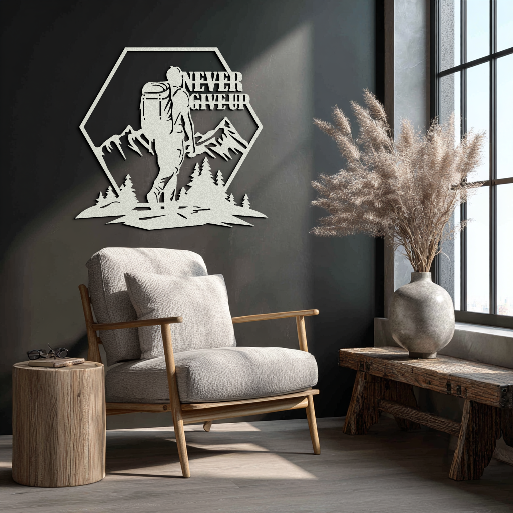 Never Give Up Hiking Metal Wall Art – Motivational Mountain Hiker Black Steel Decor for Adventure Lovers and Outdoor Enthusiasts- KAF463