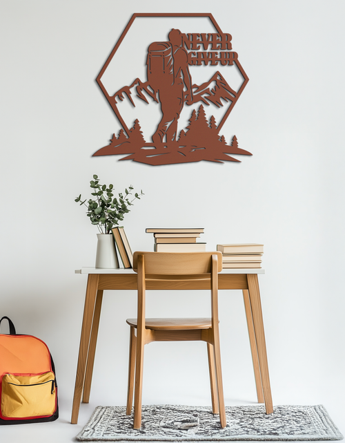 Load image into Gallery viewer, Never Give Up Hiking Metal Wall Art – Motivational Mountain Hiker Black Steel Decor for Adventure Lovers and Outdoor Enthusiasts- KAF463