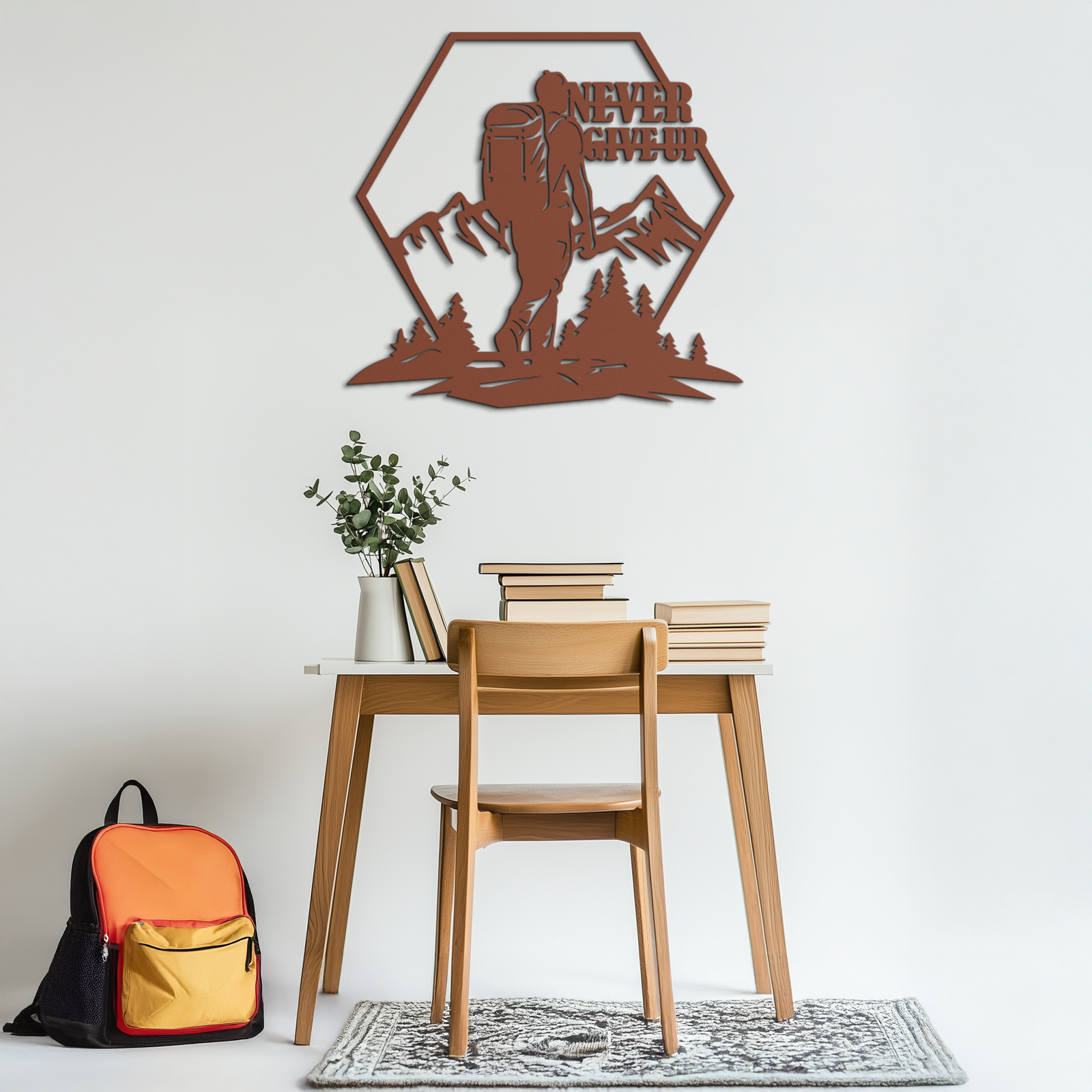 Never Give Up Hiking Metal Wall Art – Motivational Mountain Hiker Black Steel Decor for Adventure Lovers and Outdoor Enthusiasts- KAF463