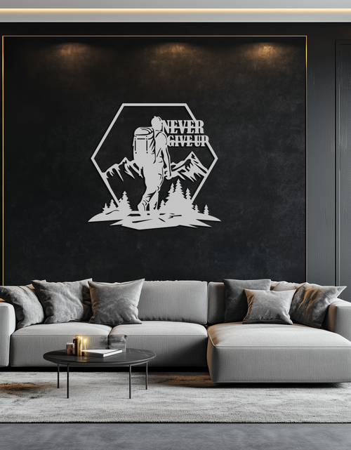Load image into Gallery viewer, Never Give Up Hiking Metal Wall Art – Motivational Mountain Hiker Black Steel Decor for Adventure Lovers and Outdoor Enthusiasts- KAF463