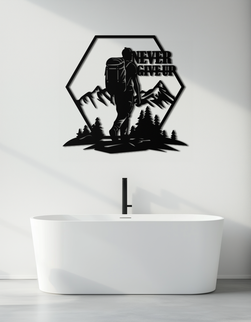 Load image into Gallery viewer, Never Give Up Hiking Metal Wall Art – Motivational Mountain Hiker Black Steel Decor for Adventure Lovers and Outdoor Enthusiasts- KAF463