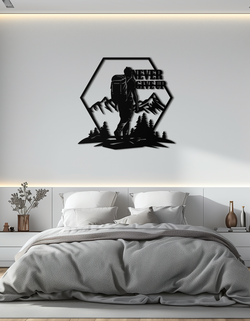 Load image into Gallery viewer, Never Give Up Hiking Metal Wall Art – Motivational Mountain Hiker Black Steel Decor for Adventure Lovers and Outdoor Enthusiasts- KAF463