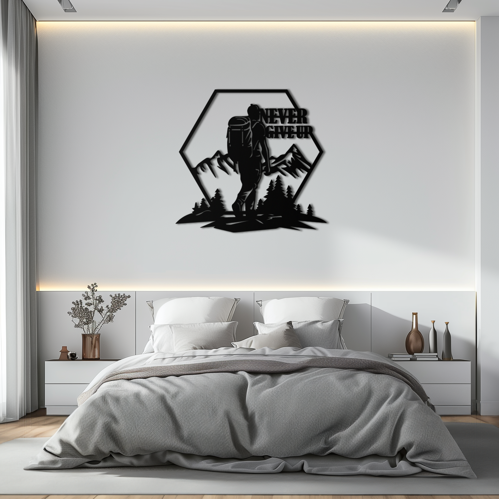 Never Give Up Hiking Metal Wall Art – Motivational Mountain Hiker Black Steel Decor for Adventure Lovers and Outdoor Enthusiasts- KAF463