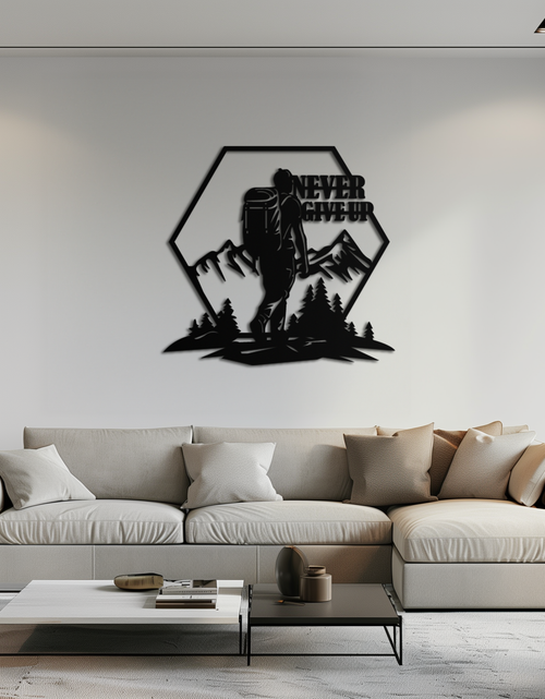 Load image into Gallery viewer, Never Give Up Hiking Metal Wall Art – Motivational Mountain Hiker Black Steel Decor for Adventure Lovers and Outdoor Enthusiasts- KAF463