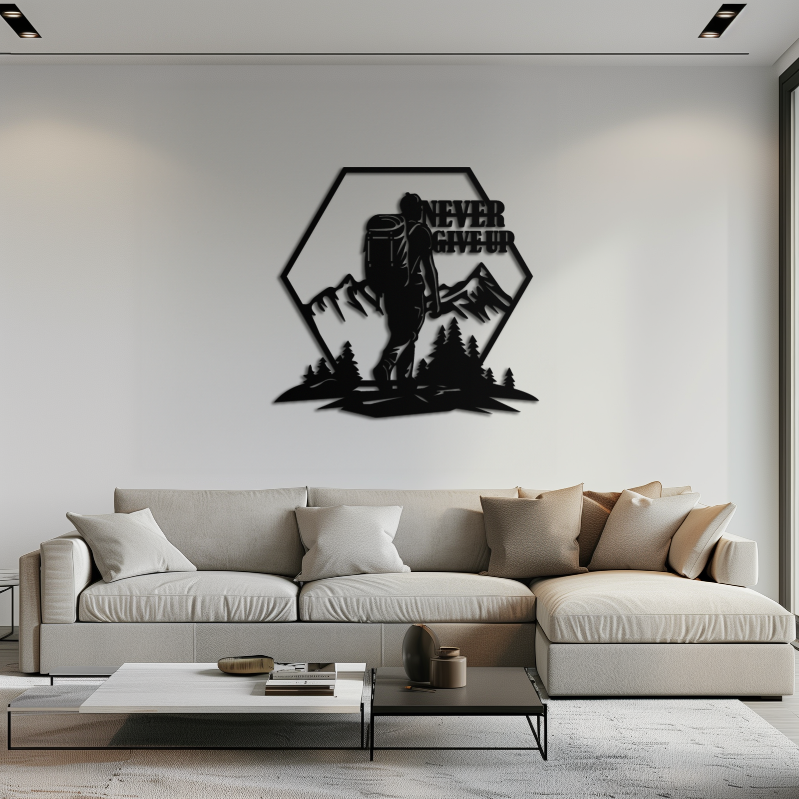 Never Give Up Hiking Metal Wall Art – Motivational Mountain Hiker Black Steel Decor for Adventure Lovers and Outdoor Enthusiasts- KAF463