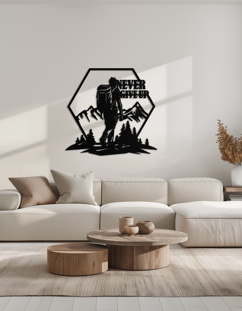 Load image into Gallery viewer, Never Give Up Hiking Metal Wall Art – Motivational Mountain Hiker Black Steel Decor for Adventure Lovers and Outdoor Enthusiasts- KAF463