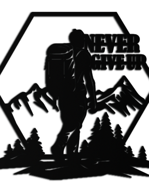 Load image into Gallery viewer, Never Give Up Hiking Metal Wall Art – Motivational Mountain Hiker Black Steel Decor for Adventure Lovers and Outdoor Enthusiasts- KAF463